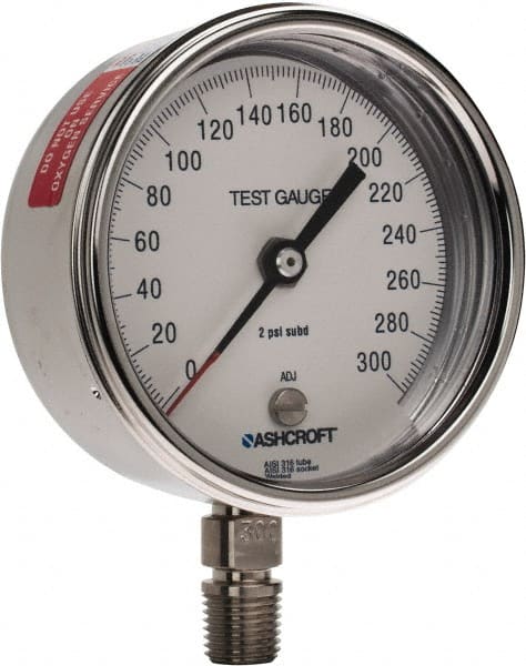 Ashcroft - 3" Dial, 1/4 Thread, 0-300 Scale Range, Pressure Gauge - Lower Connection Mount, Accurate to 0.5% of Scale - Exact Tooling