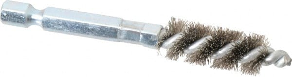 Schaefer Brush - 1/4 Inch Inside Diameter, 7/16 Inch Actual Brush Diameter, Carbon Steel, Power Fitting and Cleaning Brush - 1/4 Shank Diameter, 3-1/8 Inch Long, Hex Shaft Stem, 3/8 Inch Refrigeration Outside Diameter - Exact Tooling