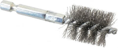 Schaefer Brush - 3/4 Inch Inside Diameter, 15/16 Inch Actual Brush Diameter, Carbon Steel, Power Fitting and Cleaning Brush - 1/4 Shank Diameter, 3-1/8 Inch Long, Hex Shaft Stem, 7/8 Inch Refrigeration Outside Diameter - Exact Tooling