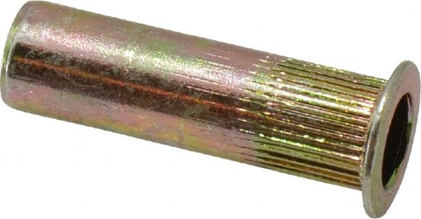 RivetKing - #10-32, 0.13 to 0.225" Grip, 19/64" Drill, Steel Closed End Knurled Rivet Nut - Zinc Yellow Dichromate Finish, Countersunk Head - Exact Tooling