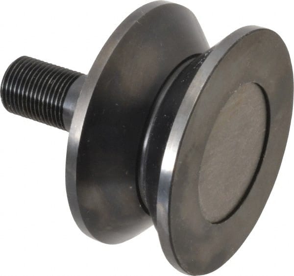 Accurate Bushing - 3-1/2" Roller Diam x 1-11/16" Width, 7/8" Stud Diam x 2" Length, V Guide Roller - Steel, 1-1/8" Thread Length, 7/8-14 Thread, 3,490 Lb Dynamic Cap, 2,000 Lb Static Cap - Exact Tooling