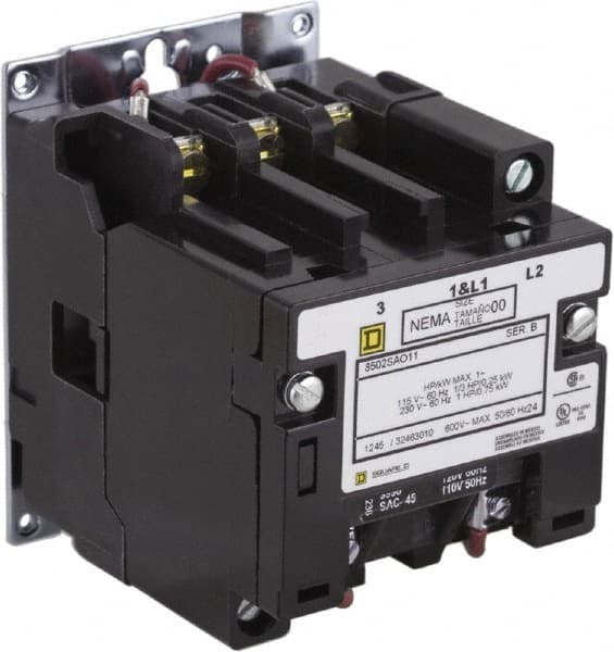 Square D - 2 Pole, 220 Coil VAC at 50 Hz, 240 Coil VAC at 60 Hz, 9 Amp NEMA Contactor - Open Enclosure, 50 Hz at 220 VAC and 60 Hz at 240 VAC - Exact Tooling