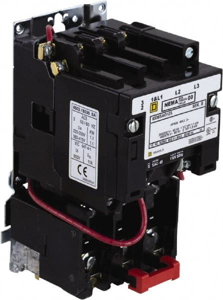 Square D - 440 Coil VAC at 50 Hz, 480 Coil VAC at 60 Hz, 9 Amp, Nonreversible Open Enclosure NEMA Motor Starter - 3 Phase hp: 1-1/2 at 200 VAC, 1-1/2 at 230 VAC, 2 at 460 VAC, 2 at 575 VAC - Exact Tooling