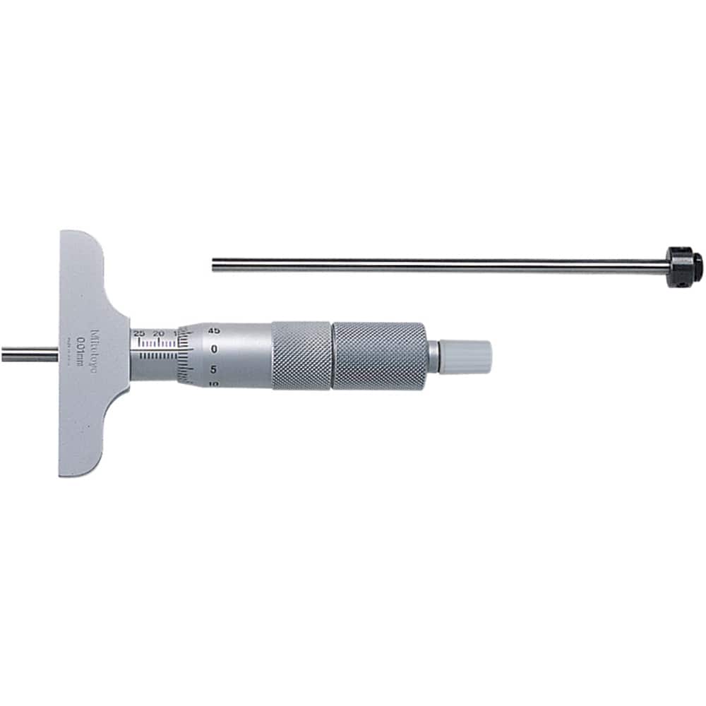Mitutoyo - Mechanical Depth Micrometers; Minimum Measurement (mm): 0 ; Maximum Measurement (mm): 50 ; Base Length (Decimal Inch): 63.5000 ; Features: 4mm diameter measuring rod, ratchet stop for constant force, supplied in a fitted plastic case, can be a - Exact Tooling