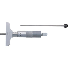 Mitutoyo - Mechanical Depth Micrometers; Minimum Measurement (mm): 0 ; Maximum Measurement (mm): 50 ; Base Length (Decimal Inch): 63.5000 ; Features: 4mm diameter measuring rod, ratchet stop for constant force, supplied in a fitted plastic case, can be a - Exact Tooling