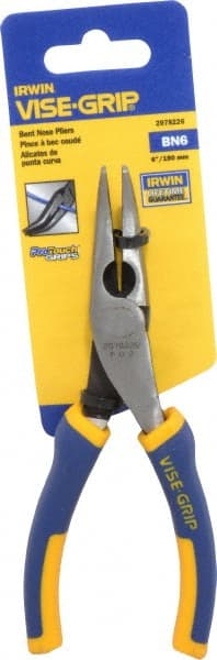 Irwin - 6" OAL, 1-9/16" Jaw Length x 23/32" Jaw Width, Long Nose Side Cutting Bent Nose Pliers - Serrated Jaw, Standard Head, ProTouch Handles - Exact Tooling