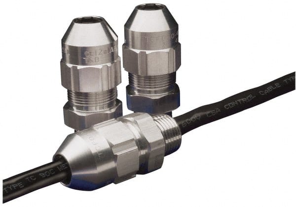 Thomas & Betts - 1/4 to 0.4" Cable Capacity, Class 1, Gas & Vapor Environments, Straight Strain Relief Cord Grip - 3/4 NPT Thread, Aluminum - Exact Tooling