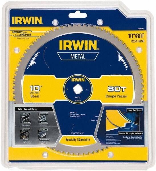 Irwin Blades - 10" Diam, 5/8" Arbor Hole Diam, 80 Tooth Wet & Dry Cut Saw Blade - Carbide-Tipped, Smooth Action, Standard Round Arbor - Exact Tooling