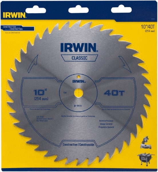 Irwin Blades - 10" Diam, 5/8" Arbor Hole Diam, 40 Tooth Wet & Dry Cut Saw Blade - High Carbon Steel, Smooth Action, Standard Round Arbor - Exact Tooling