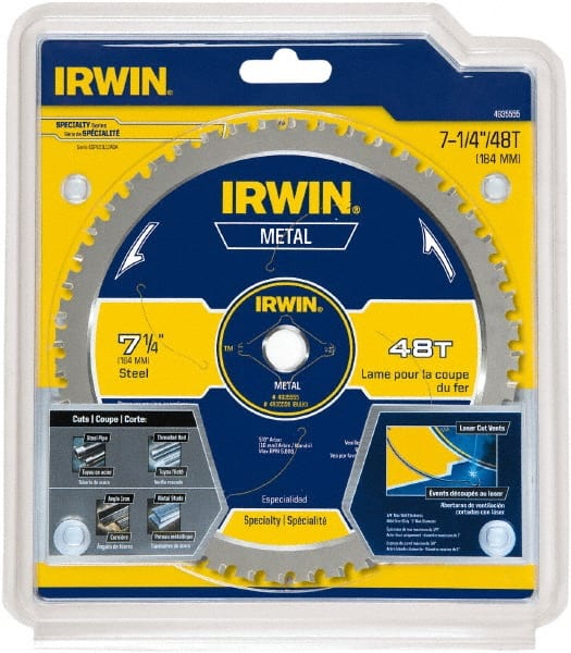 Irwin Blades - 7-1/4" Diam, 5/8" Arbor Hole Diam, 48 Tooth Wet & Dry Cut Saw Blade - Carbide-Tipped, Smooth Action, Standard Round Arbor - Exact Tooling