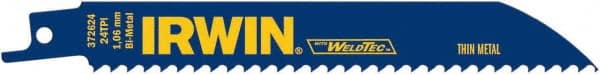Irwin Blades - 6" Long, Bi-Metal Reciprocating Saw Blade - Straight Profile, 24 TPI, Toothed Edge, Tang Shank - Exact Tooling