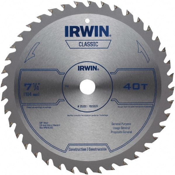 Irwin Blades - 7-1/4" Diam, 5/8" Arbor Hole Diam, 40 Tooth Wet & Dry Cut Saw Blade - Carbide-Tipped, Smooth Action, Diamond Arbor - Exact Tooling