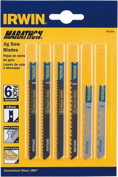 Irwin Blades - 6 Piece, 3-1/4" to 4" Long, 6 to 20 Teeth per Inch, Bi-Metal and Carbon Jig Saw Blade Set - Toothed Edge, U-Shank - Exact Tooling