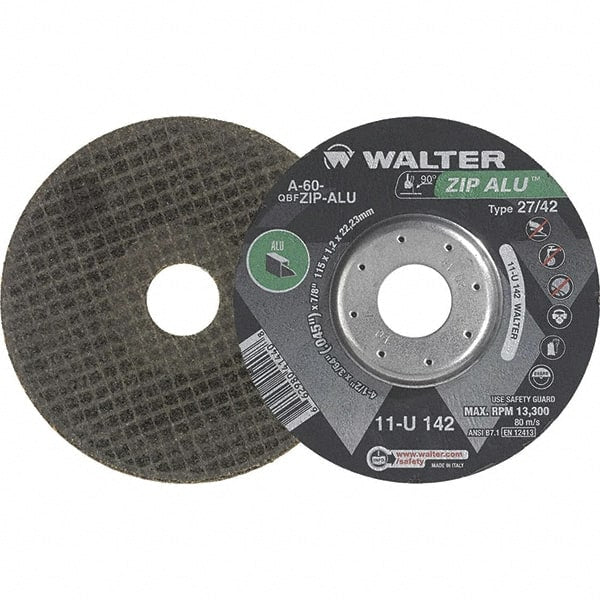 WALTER Surface Technologies - 60 Grit, 5" Wheel Diam, 3/64" Wheel Thickness, 7/8" Arbor Hole, Type 27 Depressed Center Wheel - Aluminum Oxide, Resinoid Bond, 12,200 Max RPM - Exact Tooling