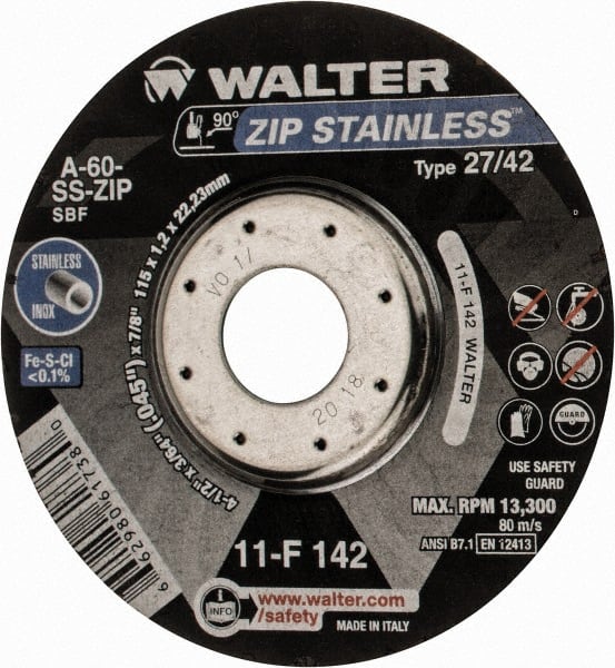 WALTER Surface Technologies - 60 Grit, 4-1/2" Wheel Diam, 3/64" Wheel Thickness, 7/8" Arbor Hole, Type 27 Depressed Center Wheel - Aluminum Oxide, Resinoid Bond, 13,300 Max RPM - Exact Tooling