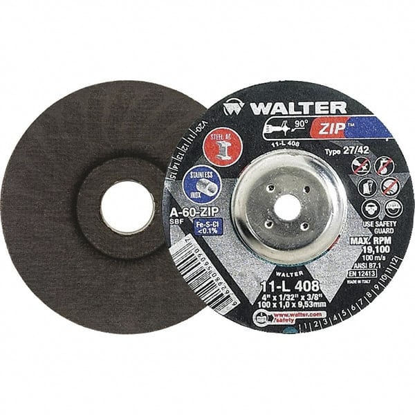 WALTER Surface Technologies - 60 Grit, 4" Wheel Diam, 1/32" Wheel Thickness, 3/8" Arbor Hole, Type 27 Depressed Center Wheel - Aluminum Oxide, Resinoid Bond, 19,100 Max RPM, Compatible with Die Grinders & Straight Shaft Grinder - Exact Tooling