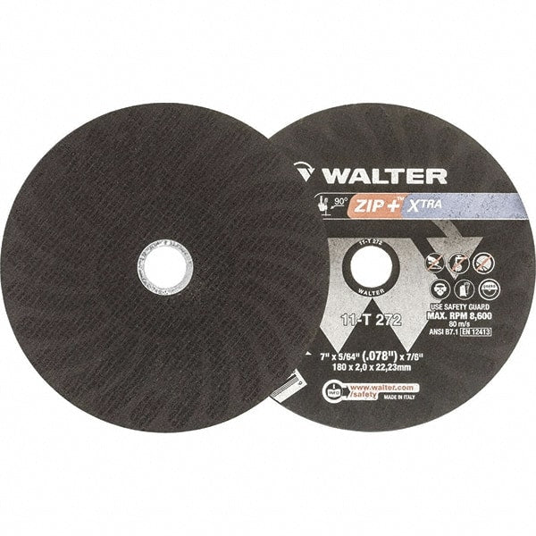 WALTER Surface Technologies - 7" 46 Grit Aluminum Oxide Cutoff Wheel - 5/64" Thick, 7/8" Arbor, 8,600 Max RPM, Use with Angle Grinders - Exact Tooling