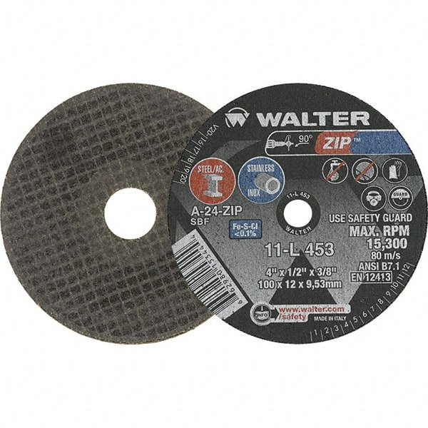 WALTER Surface Technologies - 4" 24 Grit Aluminum Oxide Cutoff Wheel - 1/2" Thick, 3/8" Arbor, 19,100 Max RPM, Use with Die Grinders - Exact Tooling