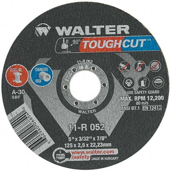 WALTER Surface Technologies - 5" 30 Grit Aluminum Oxide Cutoff Wheel - 3/32" Thick, 7/8" Arbor, 12,200 Max RPM, Use with Angle Grinders - Exact Tooling
