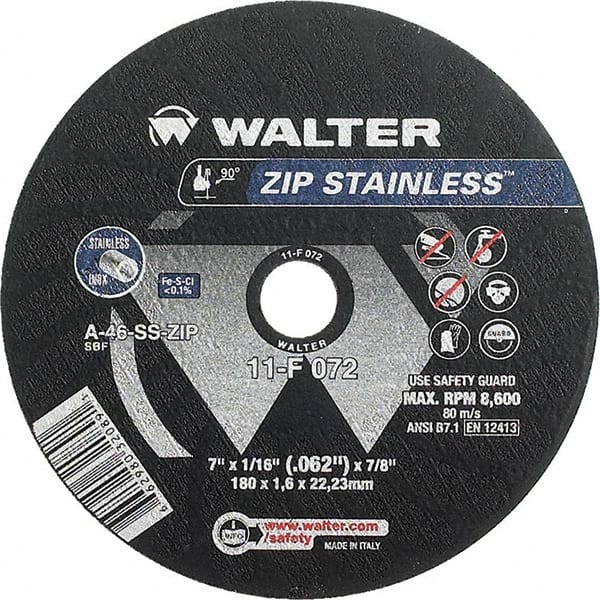 WALTER Surface Technologies - 7" 46 Grit Aluminum Oxide/Silicon Carbide Blend Cutoff Wheel - 1/16" Thick, 7/8" Arbor, 8,600 Max RPM, Use with Angle Grinders - Exact Tooling