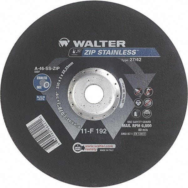 WALTER Surface Technologies - 46 Grit, 9" Wheel Diam, 5/64" Wheel Thickness, 7/8" Arbor Hole, Type 27 Depressed Center Wheel - Aluminum Oxide/Silicon Carbide Blend, Resinoid Bond, 6,600 Max RPM - Exact Tooling