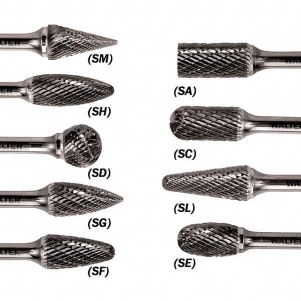 WALTER Surface Technologies - 3/8" Cut Diam, 1/4" Shank Diam, Taper Head Double Cut Burr - Carbide, 3/4" LOC - Exact Tooling