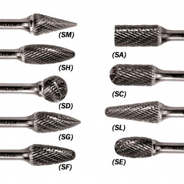 WALTER Surface Technologies - 1/4" Cut Diam, 1/4" Shank Diam, Taper Head Double Cut Burr - Carbide, 5/8" LOC - Exact Tooling