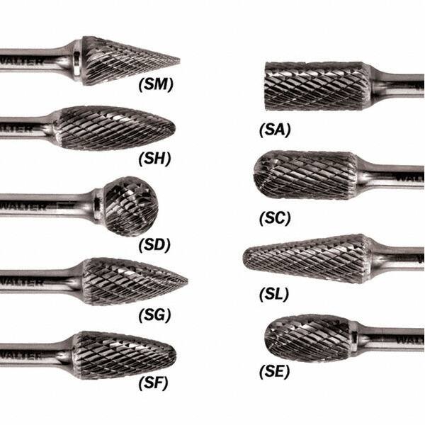 WALTER Surface Technologies - 1/2" Cut Diam, 1/4" Shank Diam, Taper Head Double Cut Burr - Carbide, 1" LOC - Exact Tooling