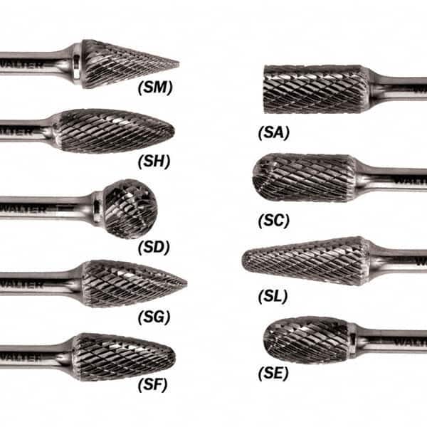 WALTER Surface Technologies - 5/16" Cut Diam, 1/4" Shank Diam, Taper Head Double Cut Burr - Carbide, 3/4" LOC - Exact Tooling