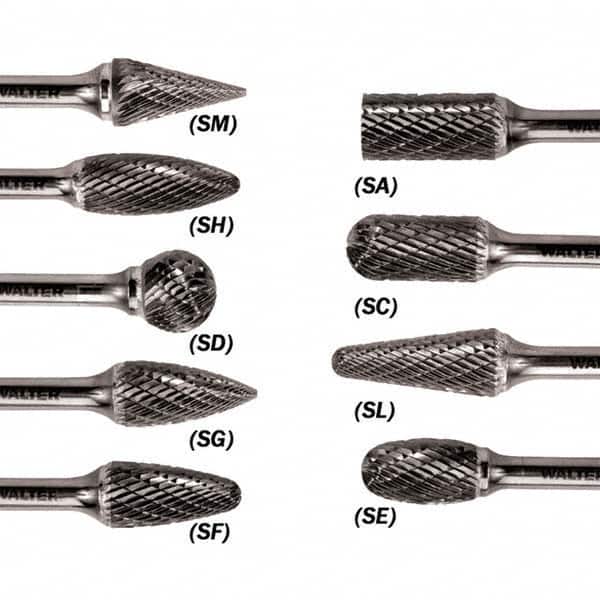WALTER Surface Technologies - 5/16" Cut Diam, 1/4" Shank Diam, Flame Head Double Cut Burr - Carbide, 3/4" LOC - Exact Tooling