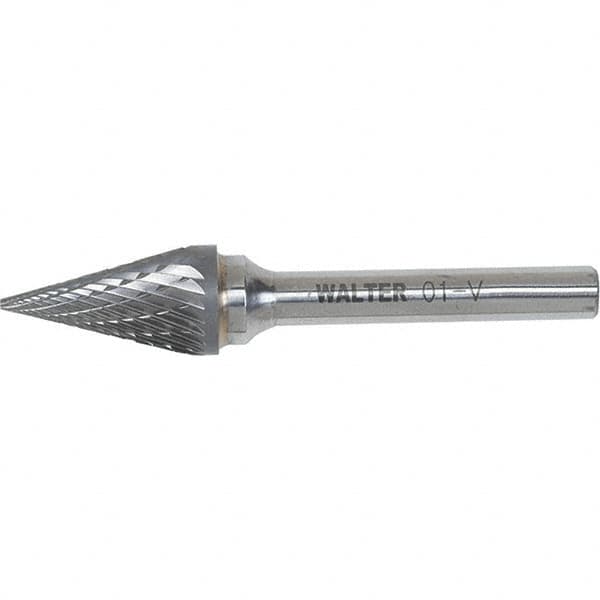 WALTER Surface Technologies - 3/8" Cut Diam, 1/4" Shank Diam, Cone Head Double Cut Burr - Carbide, 5/8" LOC - Exact Tooling