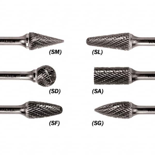 WALTER Surface Technologies - 1/8" Cut Diam, 1/8" Shank Diam, Cone Head Double Cut Burr - Carbide, 1/2" LOC - Exact Tooling