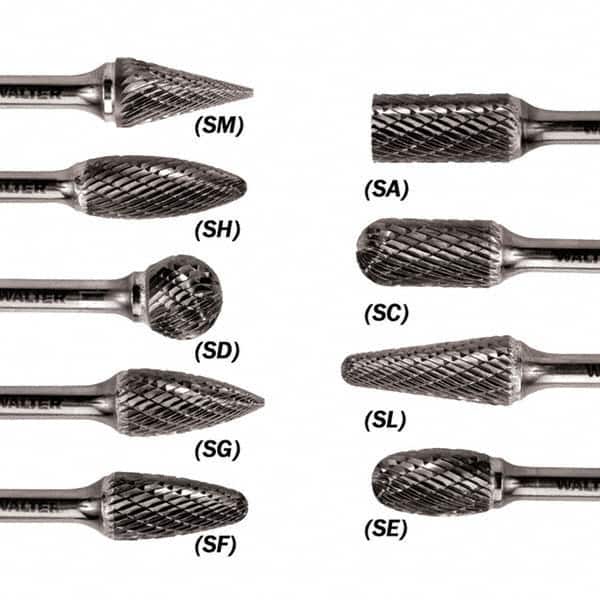 WALTER Surface Technologies - 1/2" Cut Diam, 1/4" Shank Diam, Ball Head Double Cut Burr - Carbide, 7/16" LOC - Exact Tooling