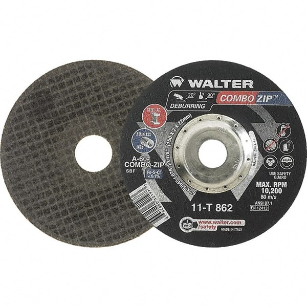 WALTER Surface Technologies - 60 Grit, 6" Wheel Diam, 5/64" Wheel Thickness, 7/8" Arbor Hole, Type 27 Depressed Center Wheel - 10,200 Max RPM - Exact Tooling