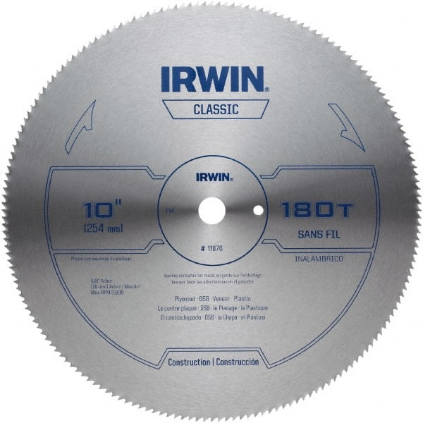 Irwin - 10" Diam, 5/8" Arbor Hole Diam, 180 Tooth Wet & Dry Cut Saw Blade - High Carbon Steel, Smooth Action, Standard Round Arbor - Exact Tooling