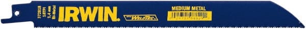 Irwin Blades - 8" Long, Bi-Metal Reciprocating Saw Blade - Straight Profile, 18 TPI, Toothed Edge, Tang Shank - Exact Tooling