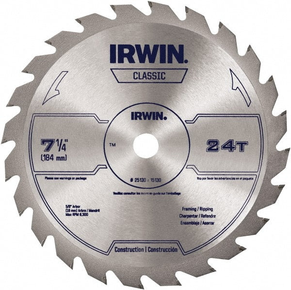 Irwin Blades - 7-1/4" Diam, 5/8" Arbor Hole Diam, 24 Tooth Wet & Dry Cut Saw Blade - Carbide-Tipped, Smooth Action, Diamond Arbor - Exact Tooling