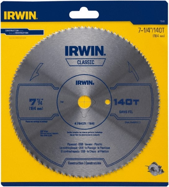 Irwin Blades - 7-1/4" Diam, 5/8" Arbor Hole Diam, 140 Tooth Wet & Dry Cut Saw Blade - High Carbon Steel, Smooth Action, Diamond Arbor - Exact Tooling
