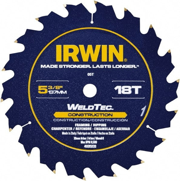 Irwin Blades - 5-3/8" Diam, 10mm Arbor Hole Diam, 18 Tooth Wet & Dry Cut Saw Blade - Carbide-Tipped, Straight Action, Standard Round Arbor - Exact Tooling