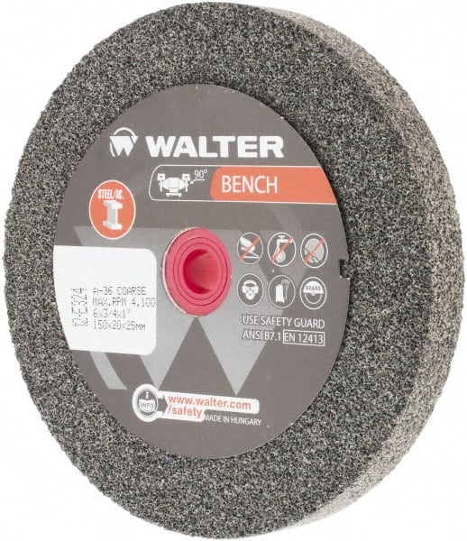 WALTER Surface Technologies - 36 Grit Aluminum Oxide Bench & Pedestal Grinding Wheel - 6" Diam x 1" Hole x 3/4" Thick, 4100 Max RPM, Coarse Grade, Vitrified Bond - Exact Tooling