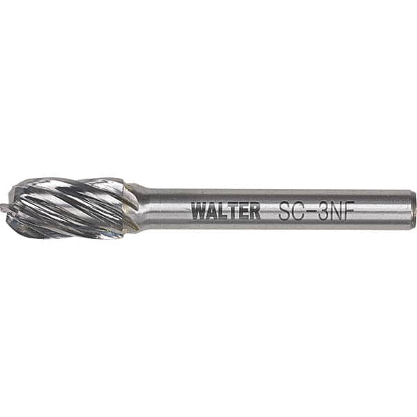 WALTER Surface Technologies - 1/2" Cut Diam, 1/4" Shank Diam, Cylinder Ball End Head Double Cut Burr - Carbide, 1" LOC - Exact Tooling