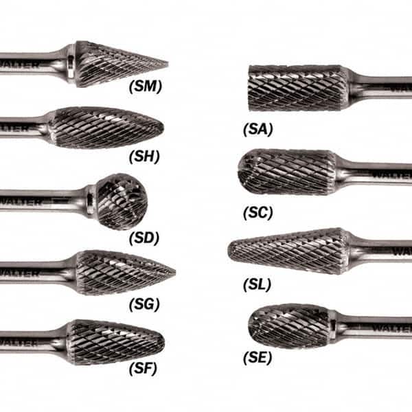 WALTER Surface Technologies - 1/2" Cut Diam, 1/4" Shank Diam, Flame Head Double Cut Burr - Carbide, 1-1/4" LOC - Exact Tooling