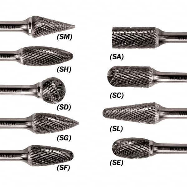 WALTER Surface Technologies - 3/8" Cut Diam, 1/4" Shank Diam, Taper Head Double Cut Burr - Carbide, 3/4" LOC - Exact Tooling