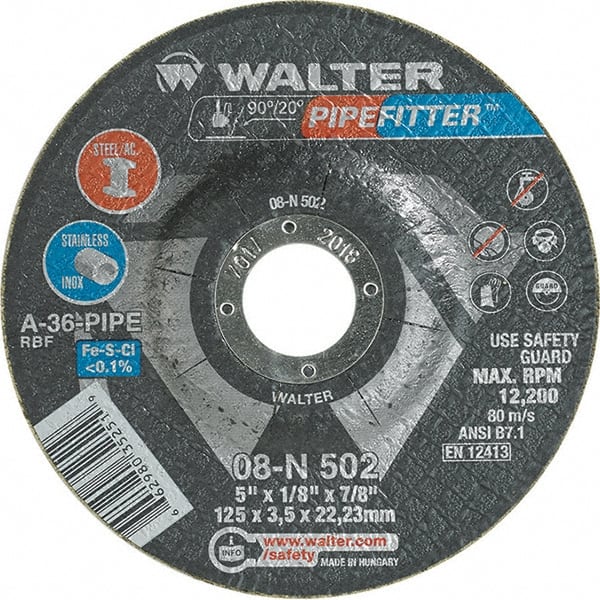 WALTER Surface Technologies - 36 Grit, 5" Wheel Diam, 1/8" Wheel Thickness, 7/8" Arbor Hole, Type 27 Depressed Center Wheel - Aluminum Oxide/Silicon Carbide Blend, Resinoid Bond, 12,200 Max RPM, Compatible with Angle Grinder - Exact Tooling