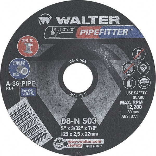 WALTER Surface Technologies - 36 Grit, 5" Wheel Diam, 3/32" Wheel Thickness, 7/8" Arbor Hole, Type 27 Depressed Center Wheel - Aluminum Oxide/Silicon Carbide Blend, Resinoid Bond, 12,200 Max RPM - Exact Tooling