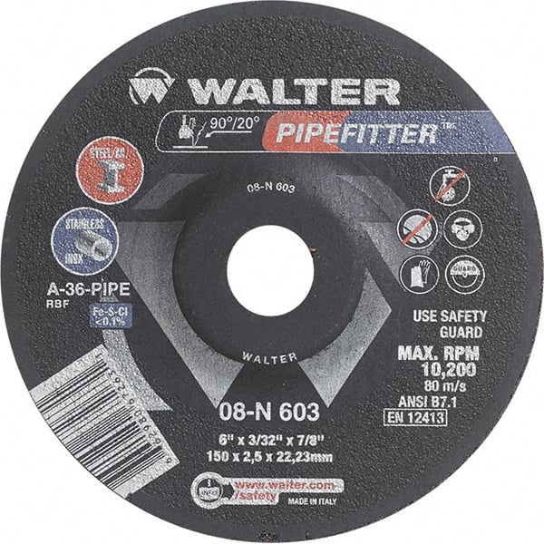 WALTER Surface Technologies - 36 Grit, 6" Wheel Diam, 3/32" Wheel Thickness, 7/8" Arbor Hole, Type 27 Depressed Center Wheel - Aluminum Oxide/Silicon Carbide Blend, Resinoid Bond, 10,200 Max RPM - Exact Tooling
