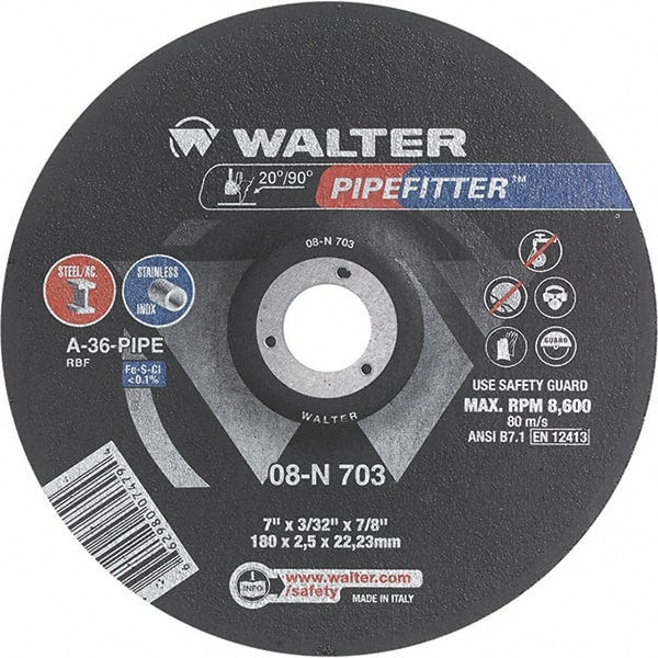 WALTER Surface Technologies - 36 Grit, 7" Wheel Diam, 3/32" Wheel Thickness, 7/8" Arbor Hole, Type 27 Depressed Center Wheel - Aluminum Oxide/Silicon Carbide Blend, Resinoid Bond, 8,600 Max RPM - Exact Tooling