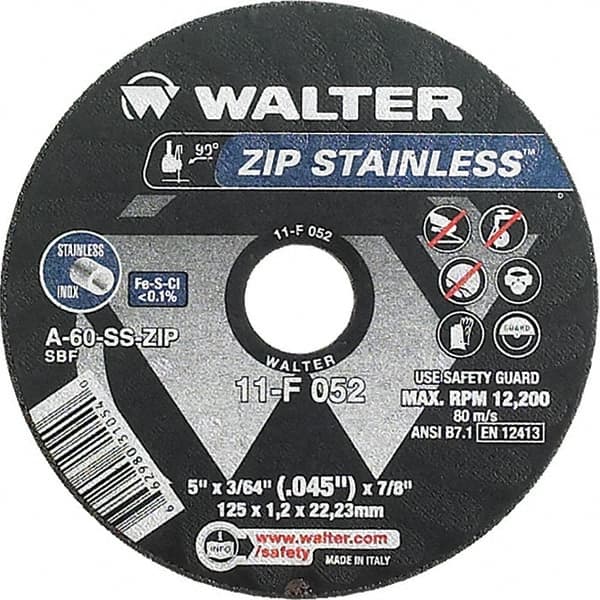 WALTER Surface Technologies - 5" 60 Grit Aluminum Oxide/Silicon Carbide Blend Cutoff Wheel - 3/64" Thick, 7/8" Arbor, 12,200 Max RPM, Use with Angle Grinders - Exact Tooling