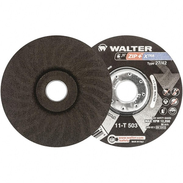 WALTER Surface Technologies - 46 Grit, 5" Wheel Diam, 1/16" Wheel Thickness, 7/8" Arbor Hole, Type 27 Depressed Center Wheel - Aluminum Oxide, Resinoid Bond, 12,200 Max RPM - Exact Tooling