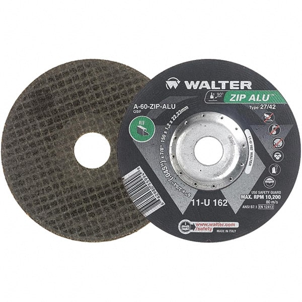 WALTER Surface Technologies - 60 Grit, 6" Wheel Diam, 3/64" Wheel Thickness, 7/8" Arbor Hole, Type 27 Depressed Center Wheel - Aluminum Oxide, Resinoid Bond, 10,200 Max RPM - Exact Tooling